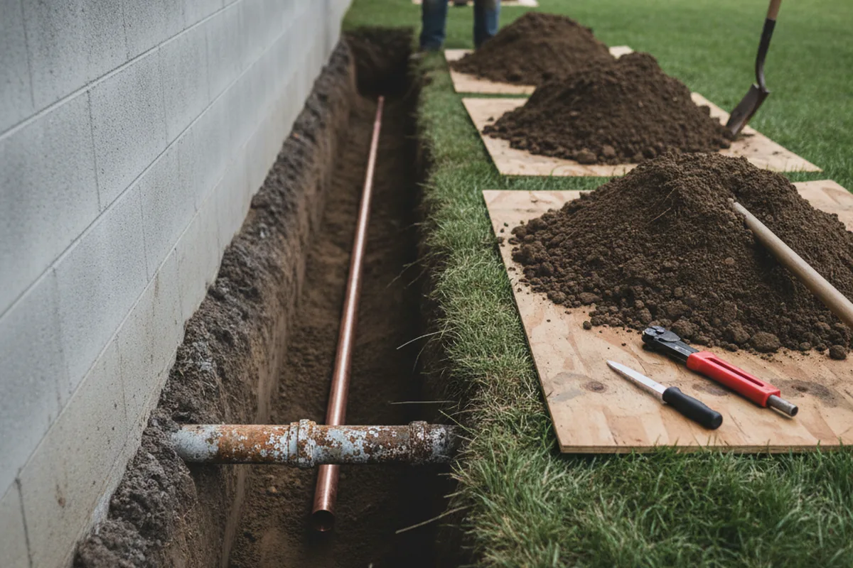 Excavated water line trench during Water Softener Installation in Roxie